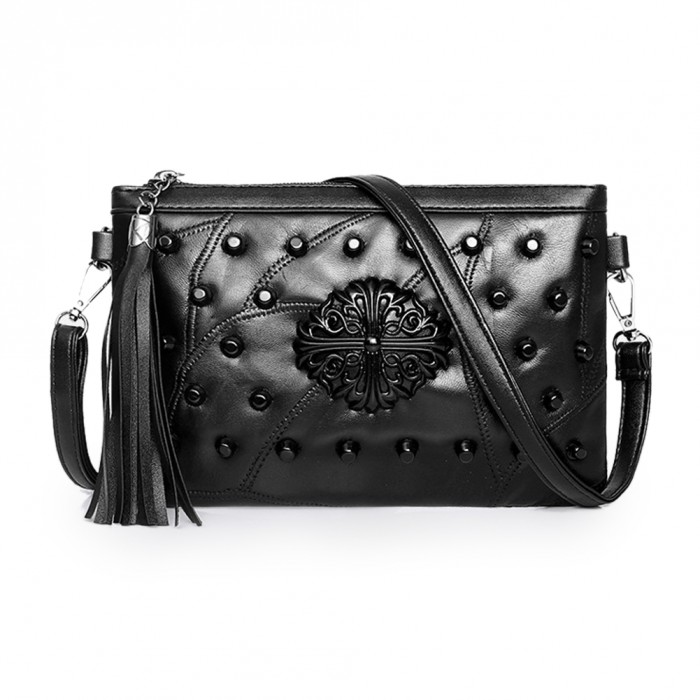 Women's Studded Black Pouch Bag Lambskin Leather