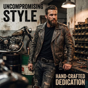 Gritty lifestyle shot of man wearing a worn leather jacket and distressed jeans, Laticci skull belt in an urban alley context, alternative rebellious style statement