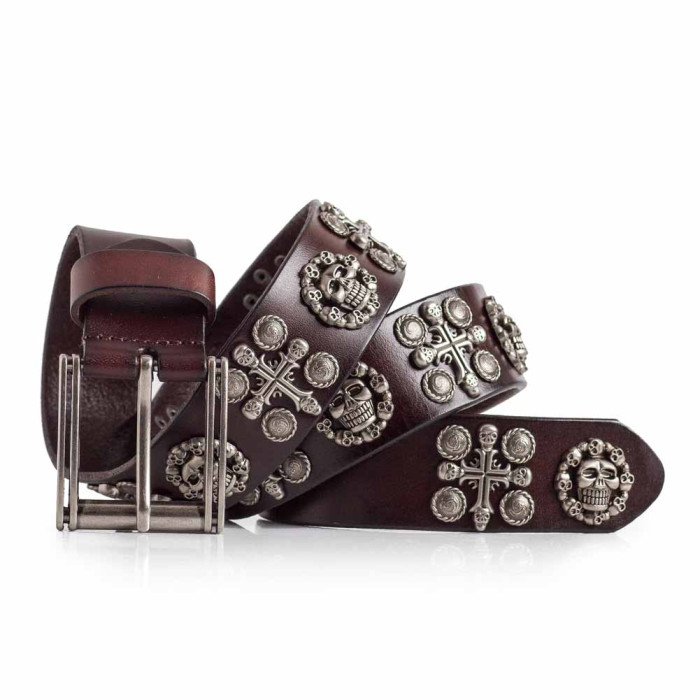 Brown Skull Studded Belt Real Leather