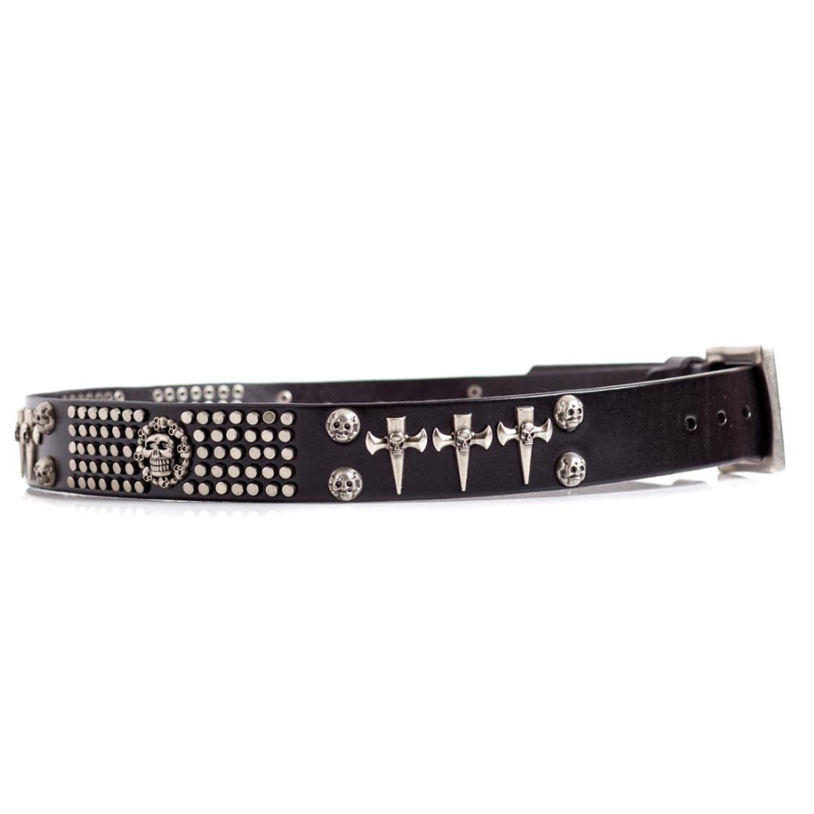 Men's Studded Leather Belt – 1.5" Wide SKULL Buckle – Black, Gothic Rocker Style
