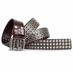 Brown Studded Belt Triple Prong Buckle Italian Leather