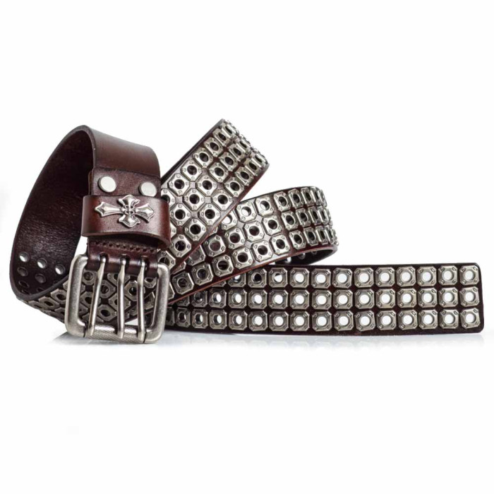 Brown Studded Belt Triple Prong Buckle Italian Leather | Mens Studded ...