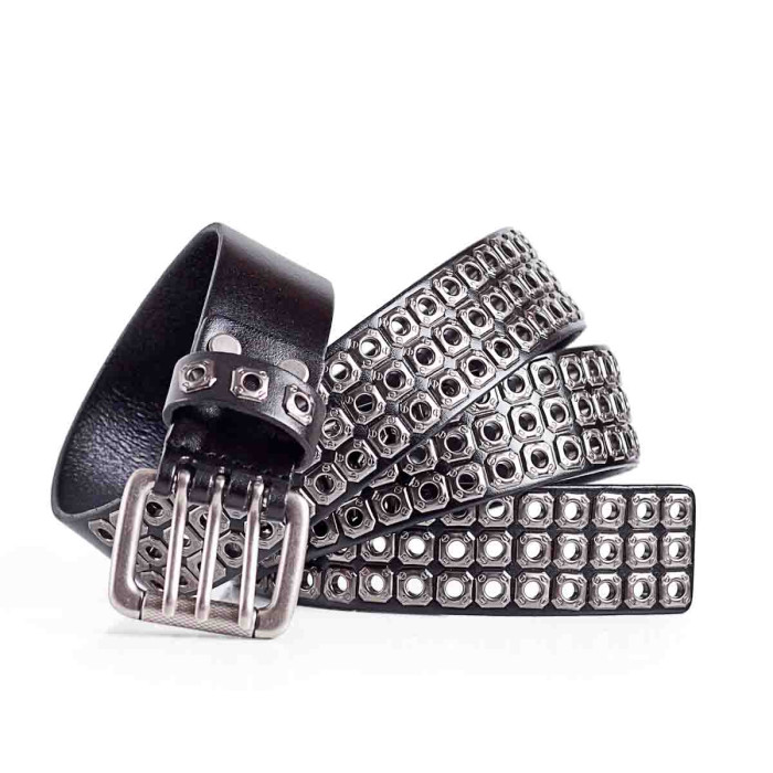 Mens Studded Belt, Biker Belt, Triple Prong Buckle, 3 Row Studded Belt