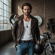 mems brown leather jacket studded belt outfit