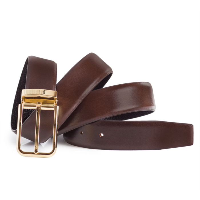 Mens Brown Dress Leather Belt Gold Buckle 