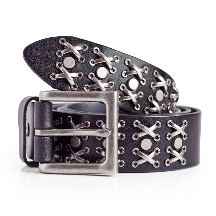 Mens Double X Cross Studded Belt Black and Silver 1.5in 
