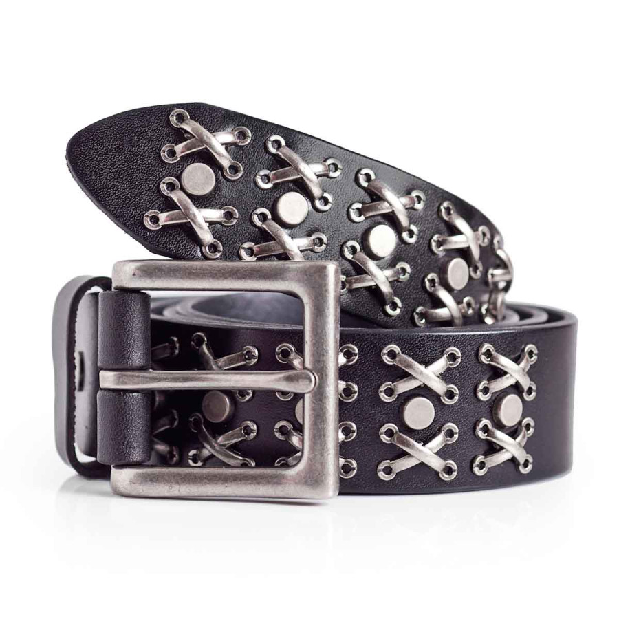 Mens Double X Cross Studded Belt Black and Silver 1.5in Sizes 30 
