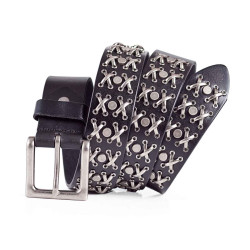 Mens Double X Cross Studded Belt Black and Silver 1.5in 