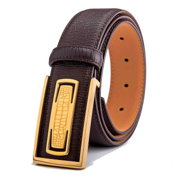 Gold Buckle Brown Leather Belt for Black Suits