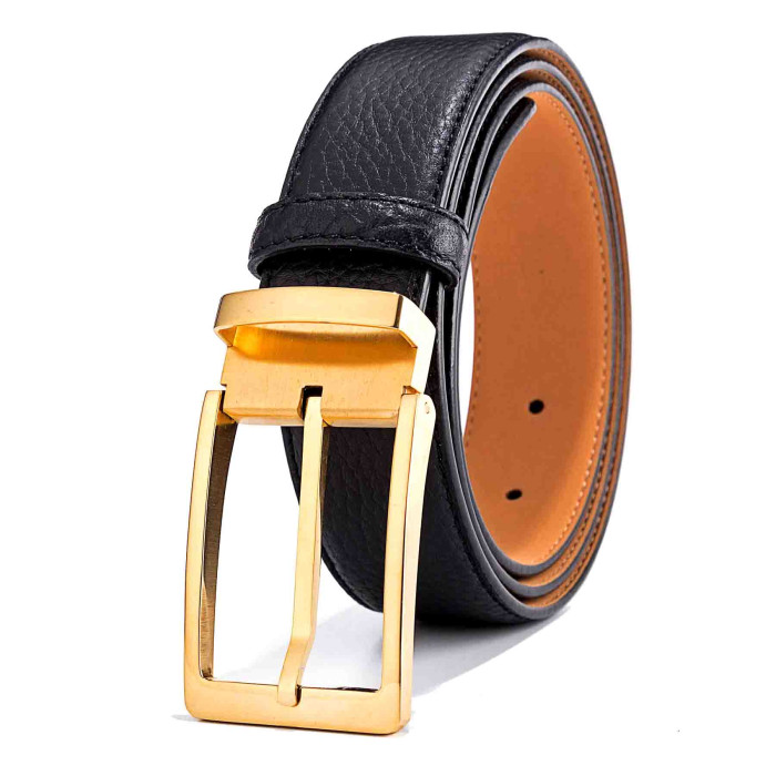 Mens  Black and Gold Chino Belt Pebbled Texture 1.35in Width