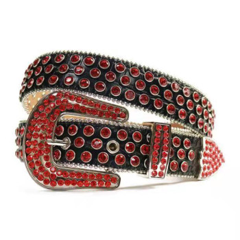 Mens Rhinestone Belt Black Leather and Red 1.5in