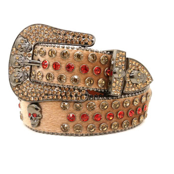 Pony Hair Rhinestone Belt with Skulls Red and gold Bling
