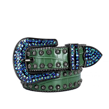 Dark Green Leather Belt with Studs and Blue Rhinestones