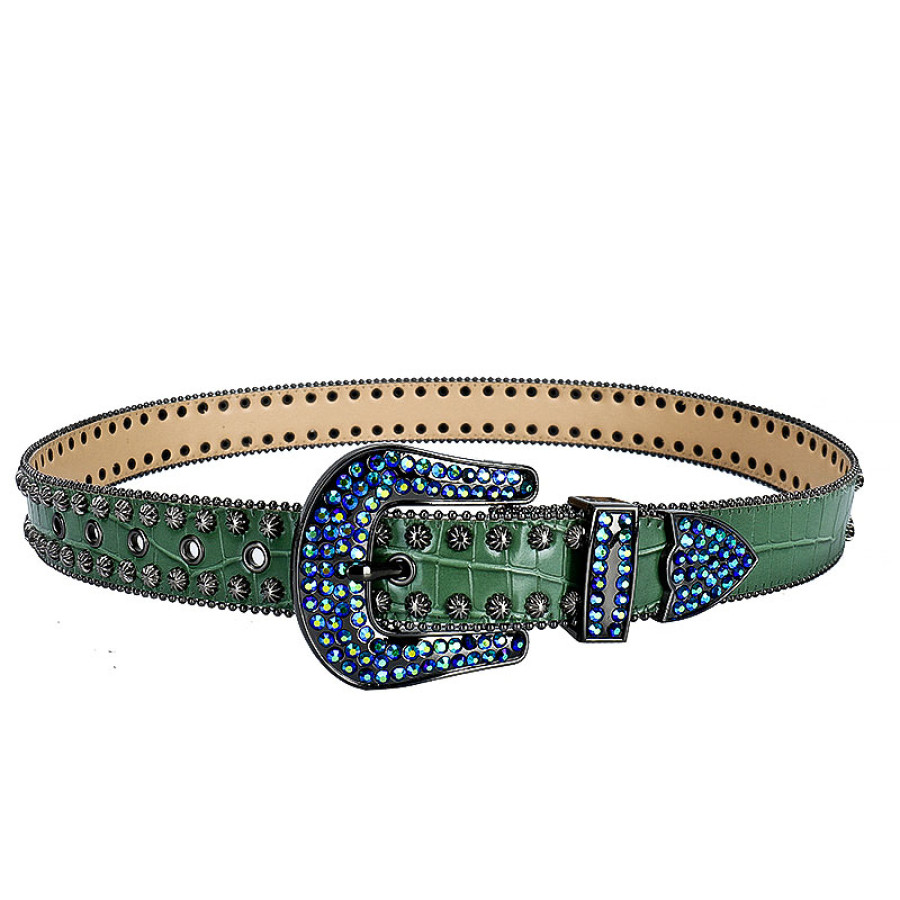 Dark Green Leather Belt with Studs and Blue Rhinestones | Mens ...