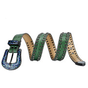 Dark Green Leather Belt with Studs and Blue Rhinestones