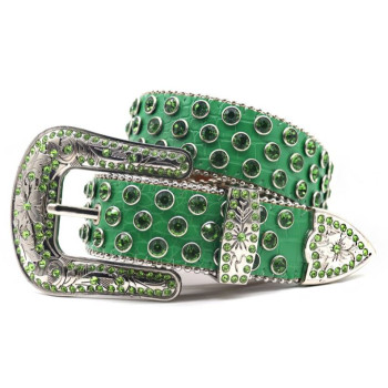 Womens Green Rhinestone Belt with Floral Buckle