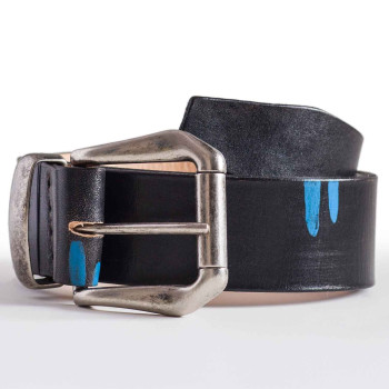 Hand Painted Leather Belt Bkack and Blue