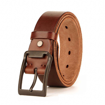 Mens Brown Leather Belt with Dark Metal Buckle