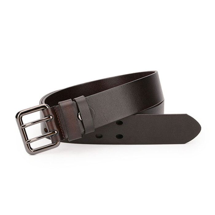 Double Prong Leather Belt Heavy Duty Belt for Men Dark Brown