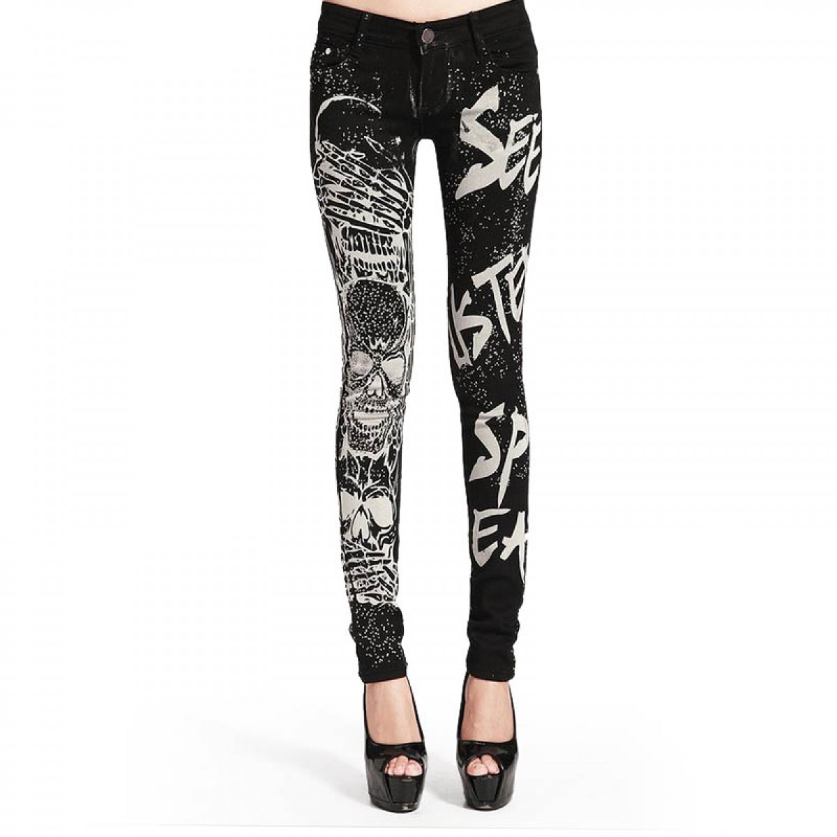 Womens Skull Print Skinny Jeans Goth Black Sizes 27-31| LATICCI