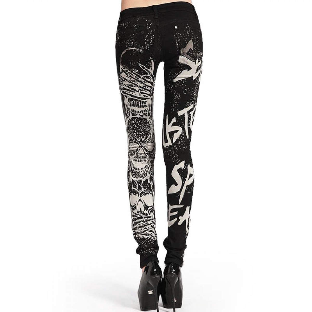 Womens Skull Print Skinny Jeans Goth Black Sizes 27-31| LATICCI