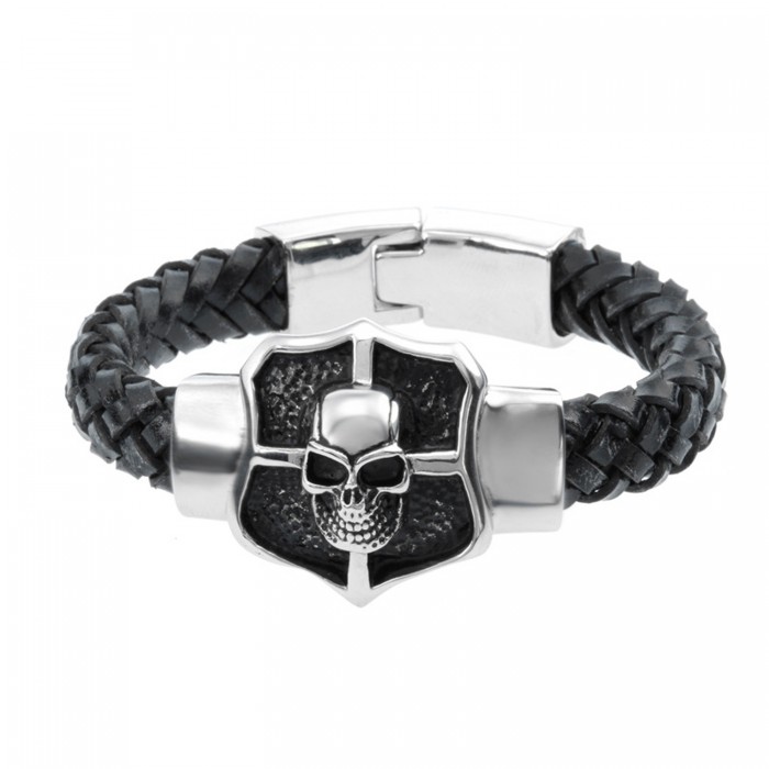 Mens Leather Bracelet with Skull