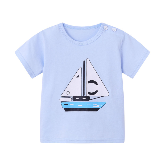 Toddler Cotton Tee, Graphic Tee, Light Blue with Boat, 100% Cotton