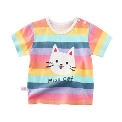 Cute Cotton Tee for Girls, Miss Cat Graphic Tee for Girls, Rainbow Colors Tee for Kids