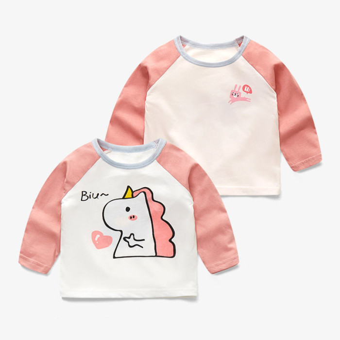 Pink and Cream Long Sleeve Tee for Girls with Unicorn and Bunny