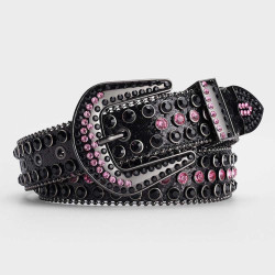 High-end Pin Buckle Pu Leather/cowboy Belt With Black Inlay & Pink/black Rhinestone Decor