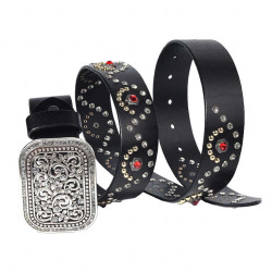 Red Gems Stone Studs Rock Rivets Belt with Flower Buckle