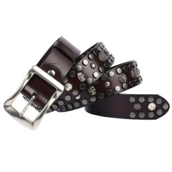 Metal Studs Punk Design Pin Buckle Full Grain Vegetable Tanned Leather Belt