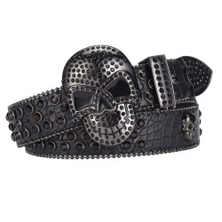 Skull Buckle Black Strap With Black Studded Rhinestone Belt