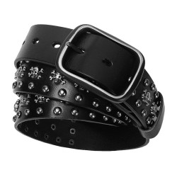 Studded Leather Belt with Skull Embellishments - Punk Rock Style