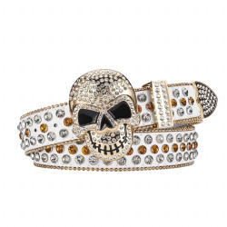 Rhinestone Skull Buckle White Strap With Crystal & Gold Studded Belt