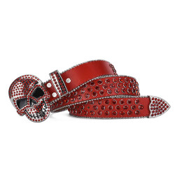 Skull Buckle Red Strap With Red Studded Rhinestone Belt