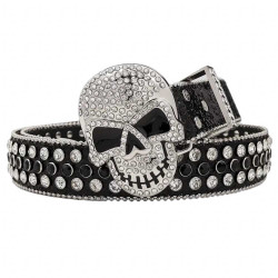 Rhinestone PU Skull Belt - Shiny Adjustable Hip-Hop Leather