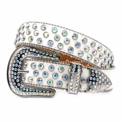 Rhinestone Studded Leather Belt with Movable Buckle