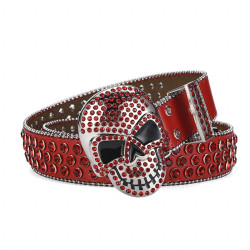 Skull Buckle Red Strap With Red Studded Rhinestone Belt