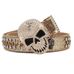 Skull Buckle Shiny Gold Strap With Gold & Crystal Studded Rhinestone Belt