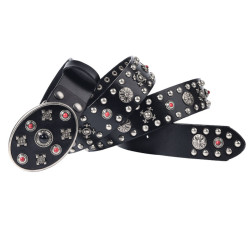 Resin Gemstone Engraved Floral Rivets Leather Belt