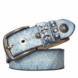 Vintage Studded Leather Denim Belt - Unisex, Blue Retro Style