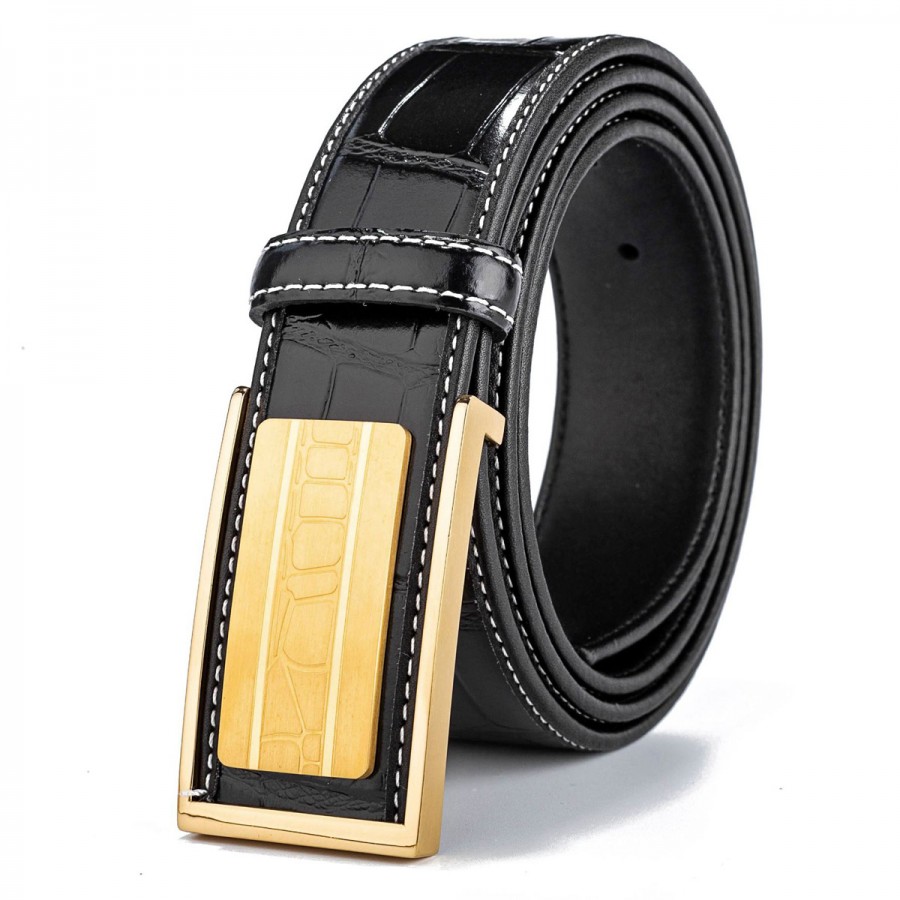 Mens Formal Pants Belt Croc Design Gold Buckle | LATICCI