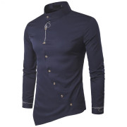 Men's Military Style Dress Shirt  Asymmetrical Buttons Navy Blue