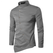 Men's Military Style Dress Shirt  Asymmetrical Buttons Grey