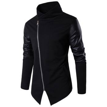 Men's Edgy Jacket Asymmetrical Zipper PU Leather and Soft Fabric Mix