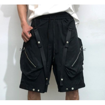 Men's Edgy Long Shorts with Zippers and Straps Black