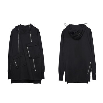 Men's Edgy Hoodie with Zippers and Front Pockets Cotton Black