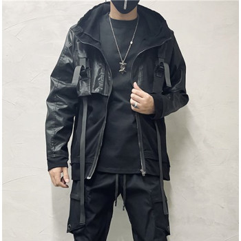 Men's Punk Jacket with Straps and Hoodie