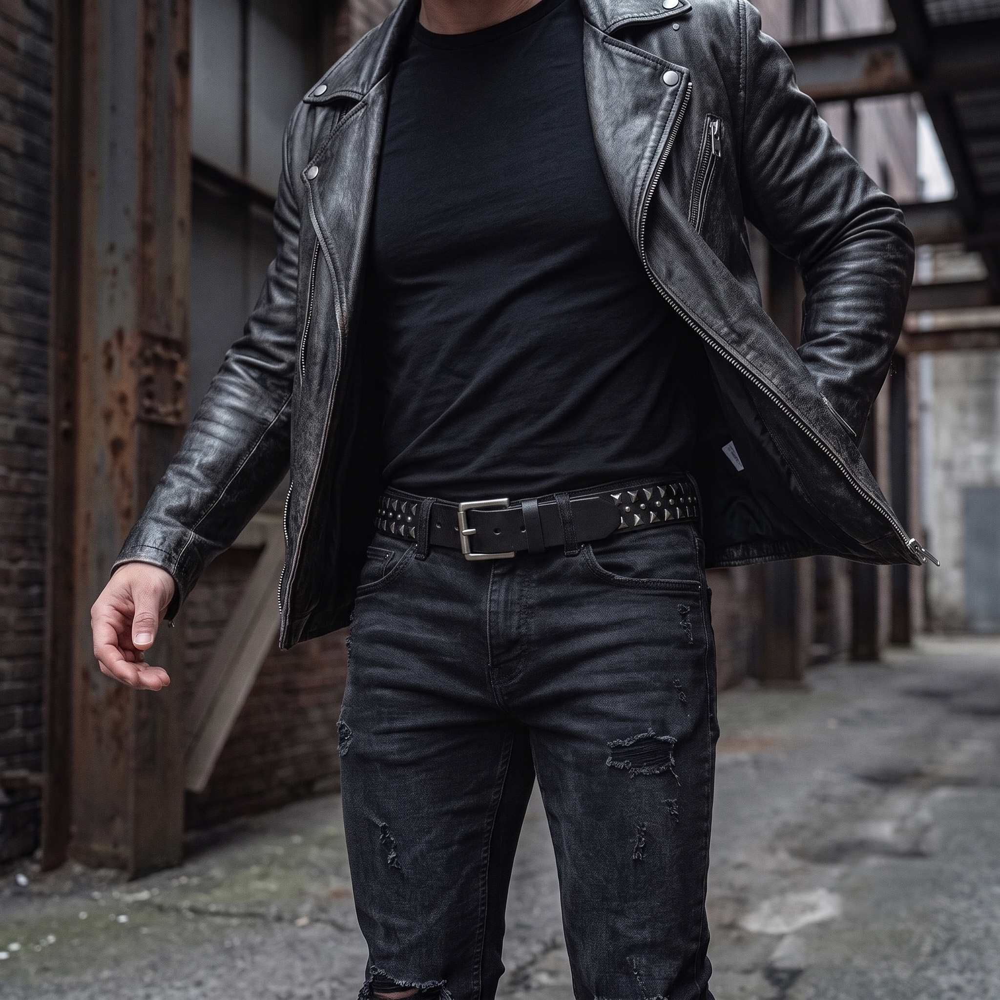 mens black leather pyramid studded belt